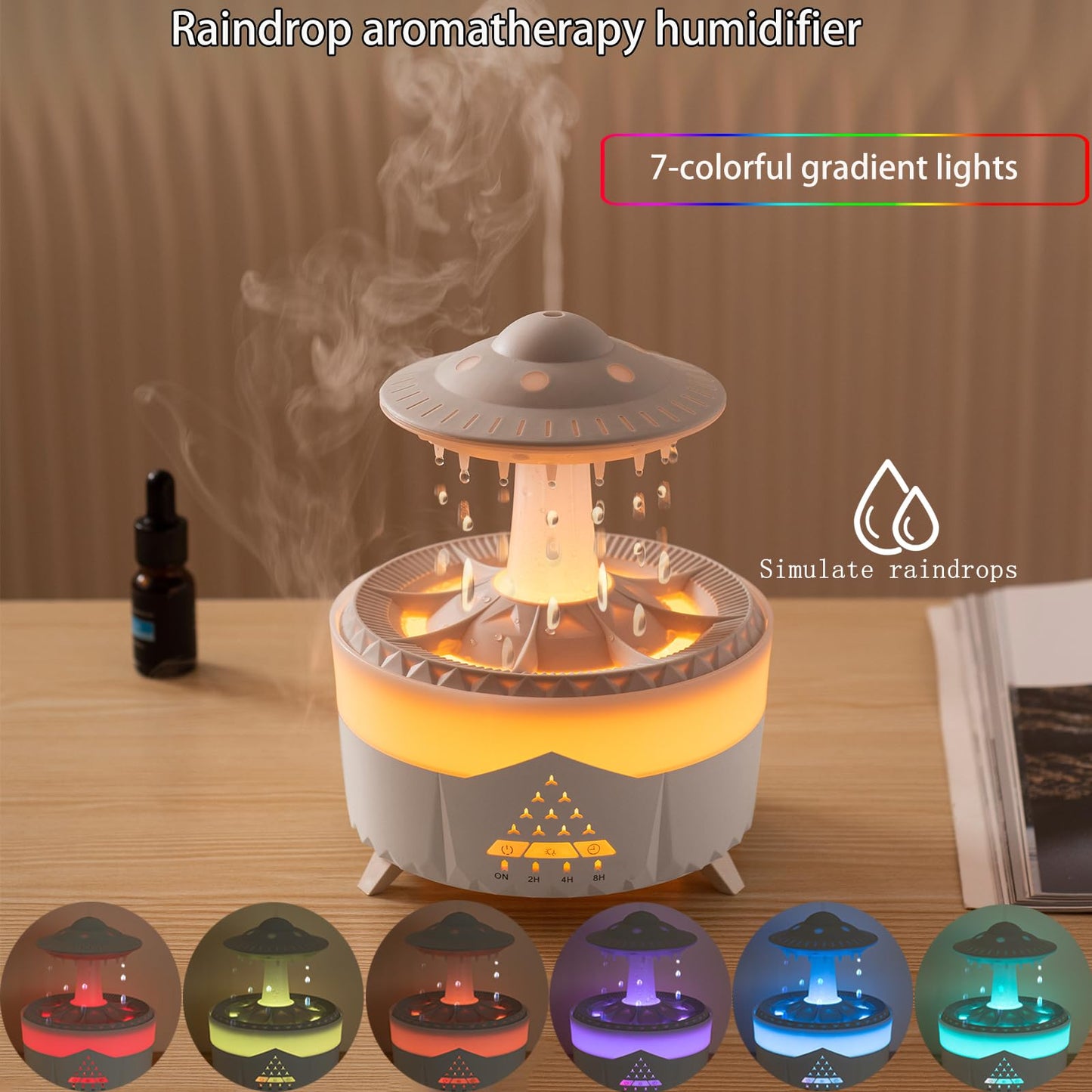 Raindrop Humidifiers for Bedroom -Essential Oil Diffuser with 7 Colors LED Lights,Air Humidifiers,Cool mist humidifier with 4 timers,Vaporizers for nursery,family,bedroom and office(No remote control)