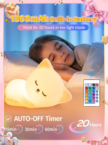 Mubarek Night Light for Kids, 16 Colors Dimmable Kids Night Light lamp, Remote Silicone Night Light for Baby Nursery, Rechargeable Cute Lamp Cat Lamp,Timer Toddler Night Light,Nightlight for Kids Room