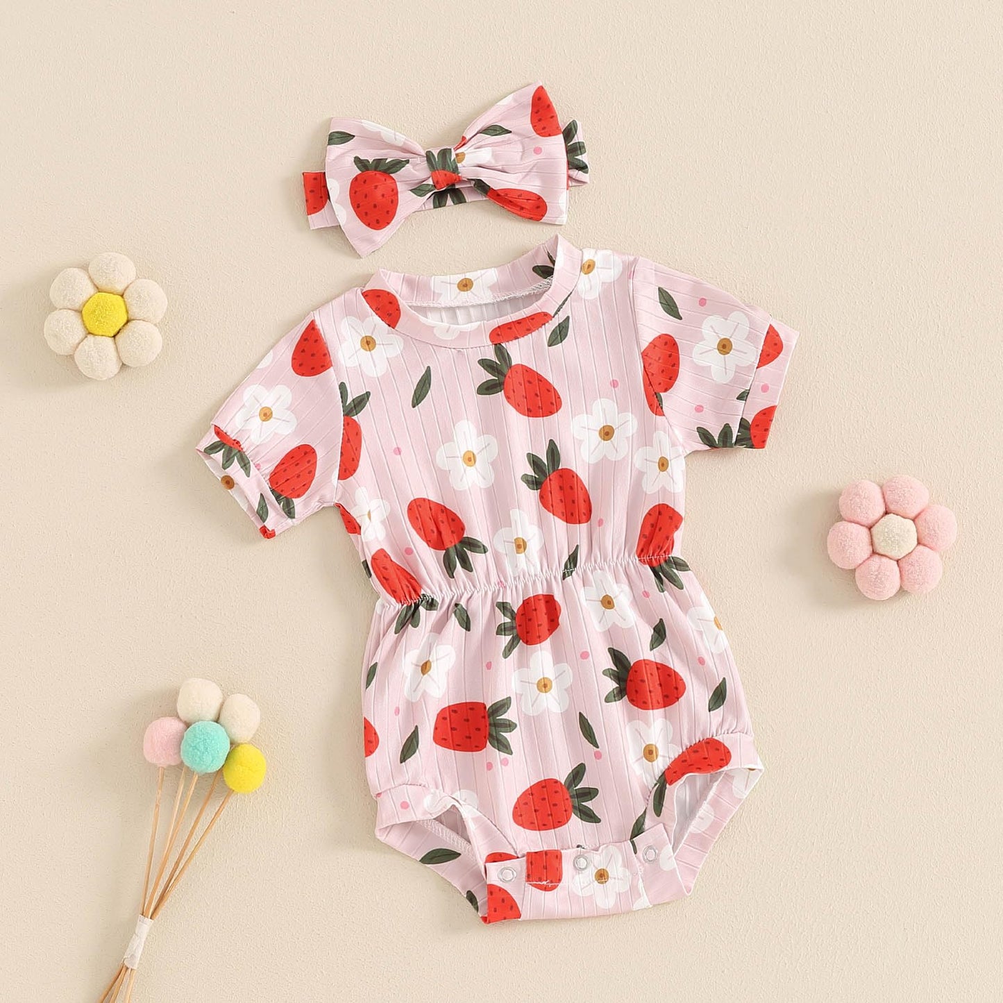 Baby Girl Summer Clothes Ribbed Short Sleeve Romper Solid Color Bodysuits Bow Headband Outfit Newborn Girl Jumpsuit