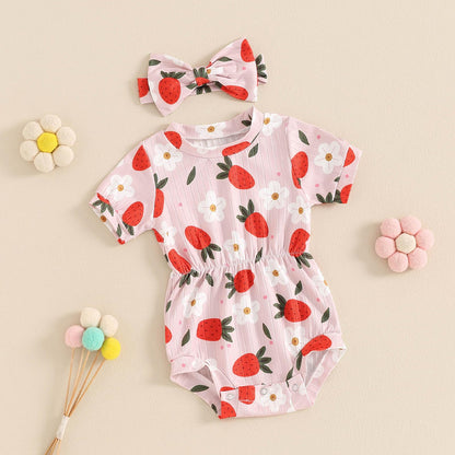 Baby Girl Summer Clothes Ribbed Short Sleeve Romper Solid Color Bodysuits Bow Headband Outfit Newborn Girl Jumpsuit