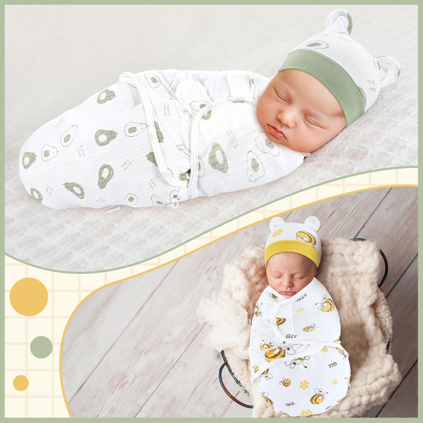 Buryeah 4 Pack Preemie Swaddle Blanket Wrap Set with Hat for Baby Boys Girls 3-7 Lbs Preemie Newborn Clothes Sleepers Cap
