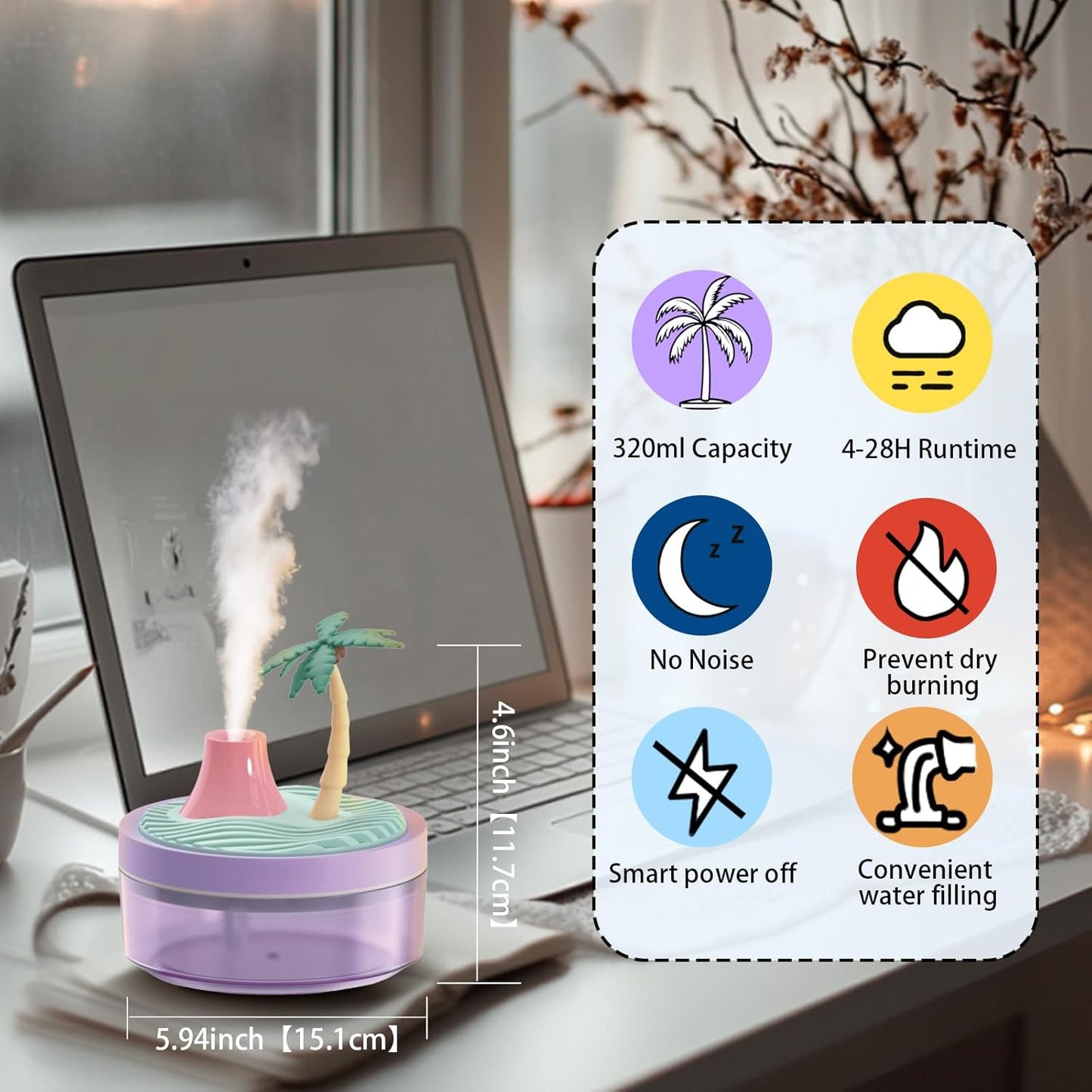 Landscape Night Light Humidifier with 2 Mist Modes, 320mL Large Tank Whisper-Quiet for Baby/Nursery/Office, Portable Mini Air Moisturizer (Coconut tree)