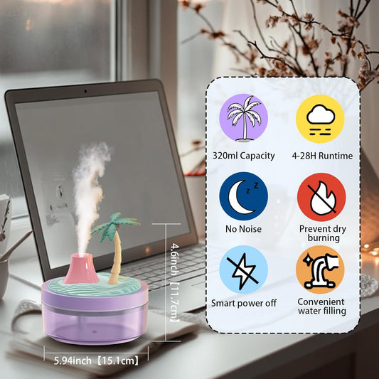 Landscape Night Light Humidifier with 2 Mist Modes, 320mL Large Tank Whisper-Quiet for Baby/Nursery/Office, Portable Mini Air Moisturizer (Coconut tree)