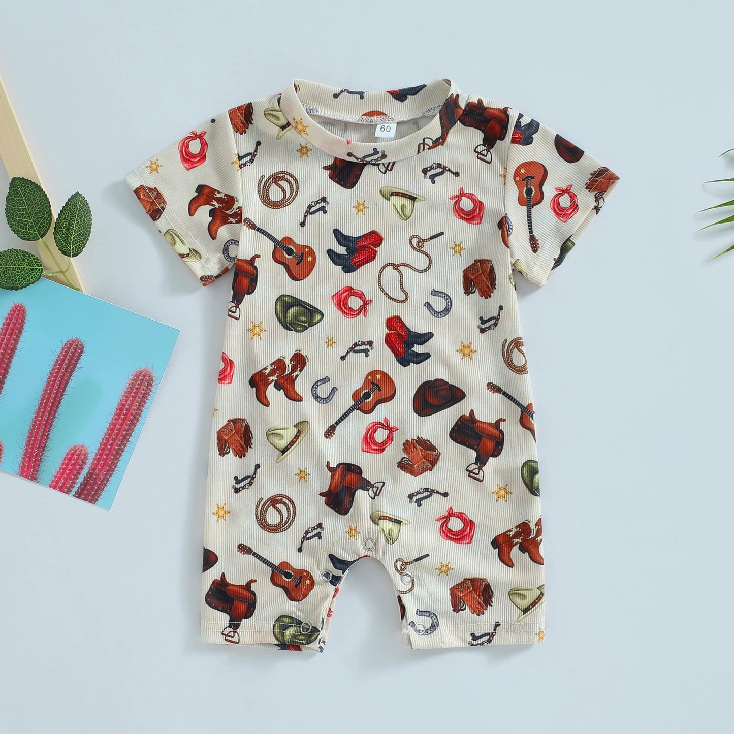 Gueuusu Country Baby Clothes Boy Girl Western Cow Print Short Sleeve Romper Bodysuit Ribbed One Piece Jumpsuit Summer Outfit