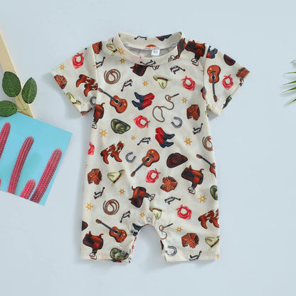 Gueuusu Country Baby Clothes Boy Girl Western Cow Print Short Sleeve Romper Bodysuit Ribbed One Piece Jumpsuit Summer Outfit