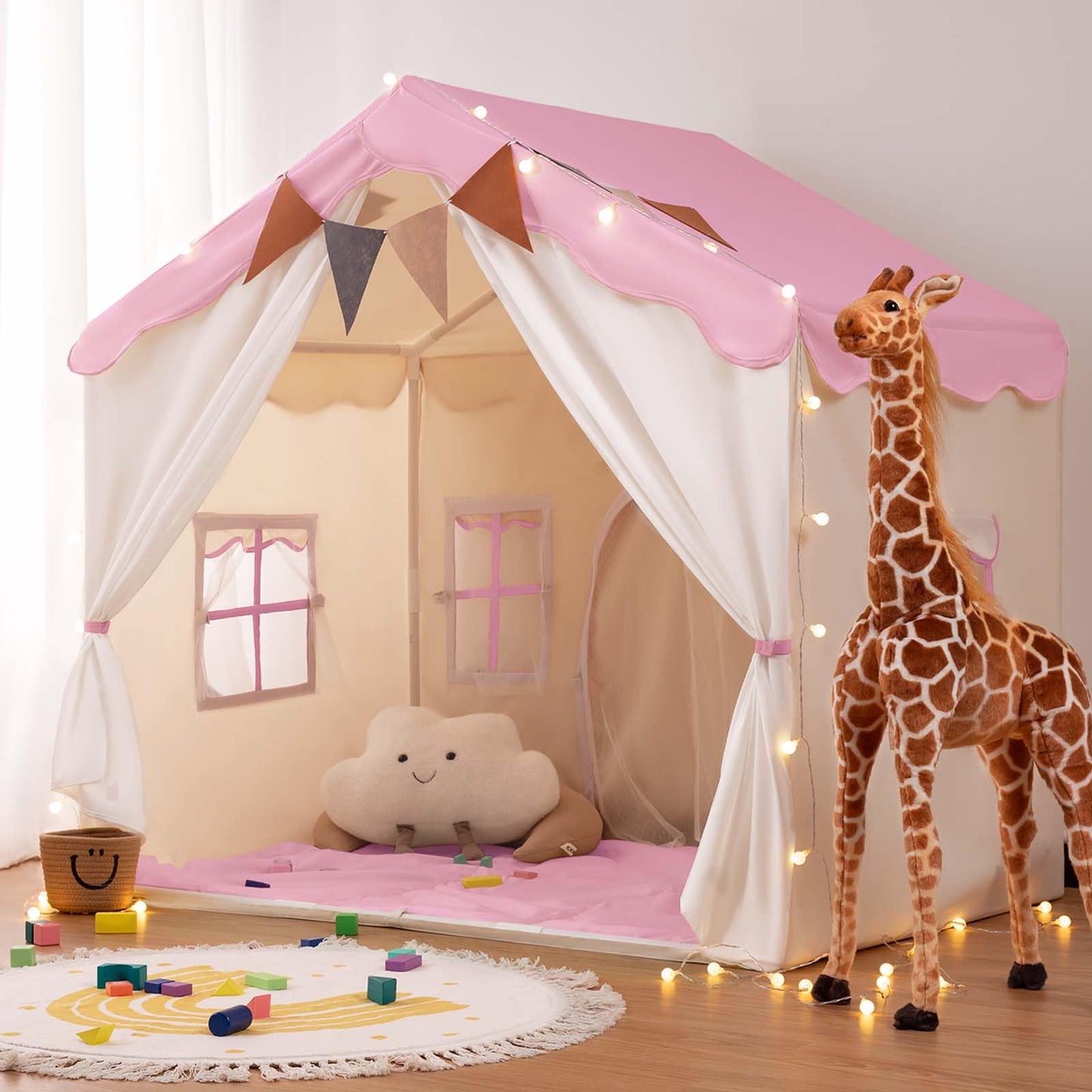 BESREY Kids Play Tent - 2 in 1 with Padded Mat & Lights, Large Playhouse with 2 Doors & 4 Windows, Indoor & Outdoor, Christmas Toddler Play Tent, 51" x 35" x 51