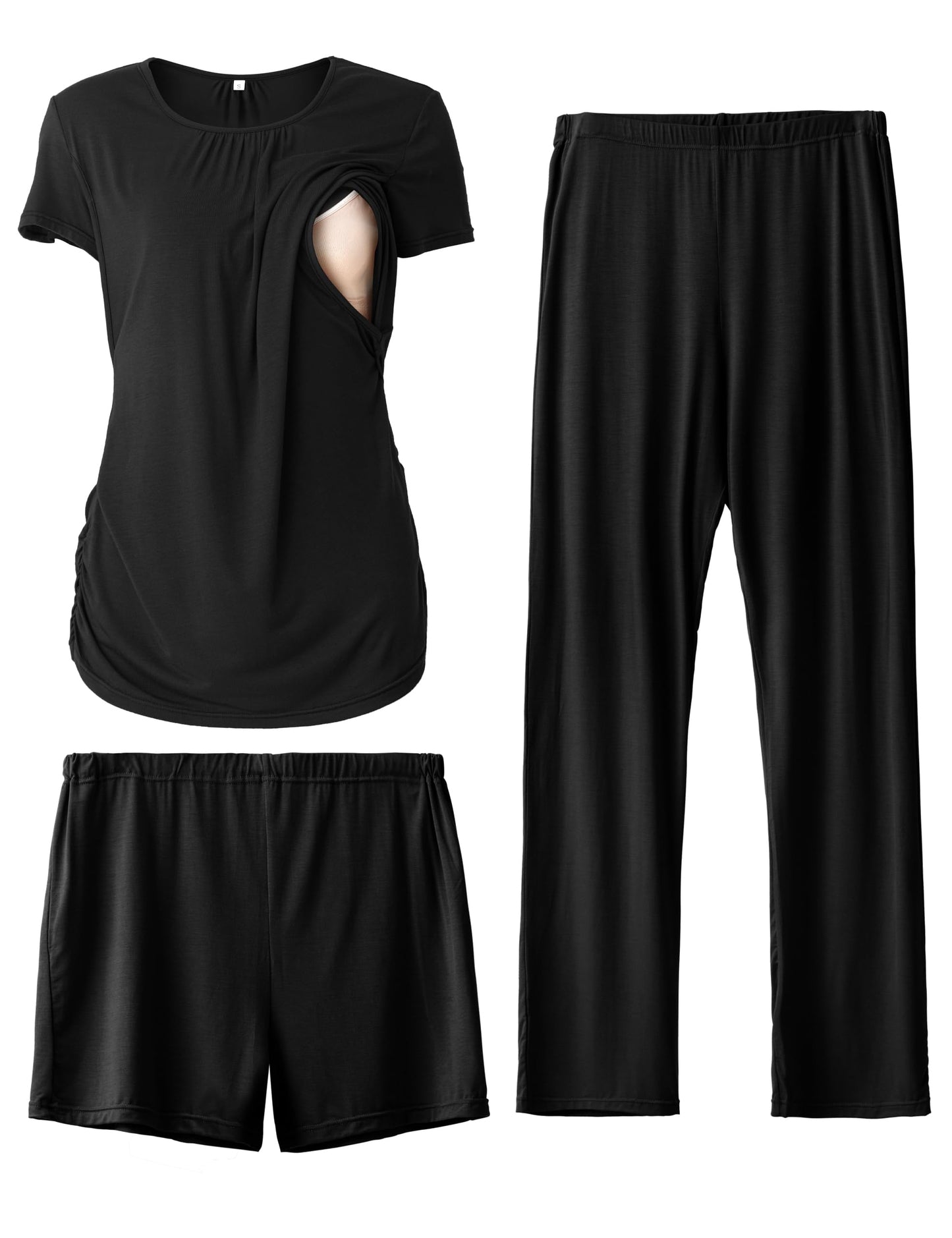 SUNNYBUY Womens Maternity Nursing Pajamas Set, Short Sleeve Breastfeeding Shirts，Pregnancy Shorts & Pants 3 Piece Nursing PJS