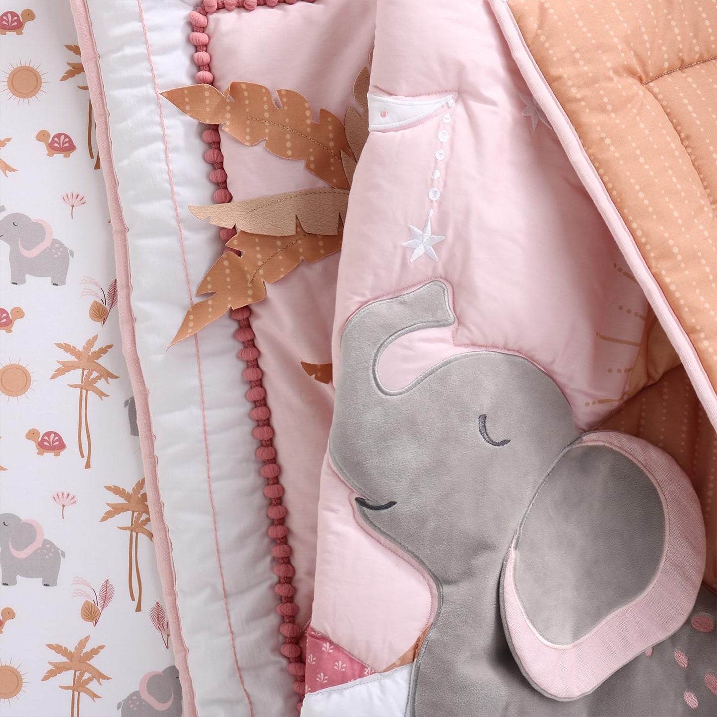 The Peanutshell 4 Piece Organic Cotton Baby Crib Bedding Set for Girls - Newborn, Infant & Toddler Nursery Bed Set Decor with Two Crib Sheets, Dust Ruffle Comforter - Safari Oasis