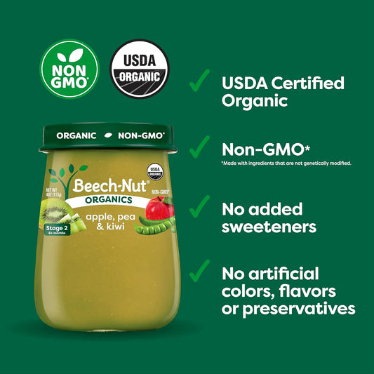 Beech-Nut Organics Stage 2 Organic Baby Food, Apple Pea & Kiwi, 4oz Jar (10 Pack)