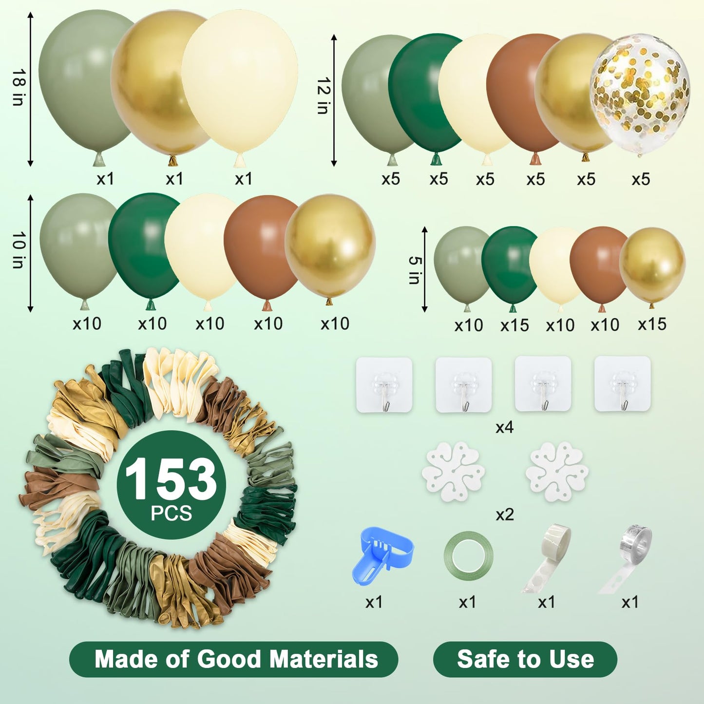 Amandir 153pcs Sage Green Balloon Garland Arch Kit, Different Sizes 18 12 10 5 inch Green Blush Gold Latex Metallic Confetti Gold Balloons for Birthday Baby Shower Wedding Safari Forest Decorations