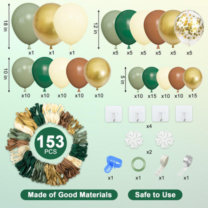 Amandir 153pcs Sage Green Balloon Garland Arch Kit, Different Sizes 18 12 10 5 inch Green Blush Gold Latex Metallic Confetti Gold Balloons for Birthday Baby Shower Wedding Safari Forest Decorations