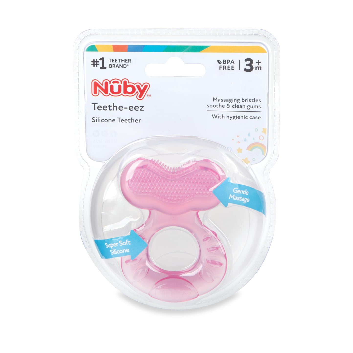 Nuby Silicone Teethe-eez Teether with Bristles, Includes Hygienic Case, Blue