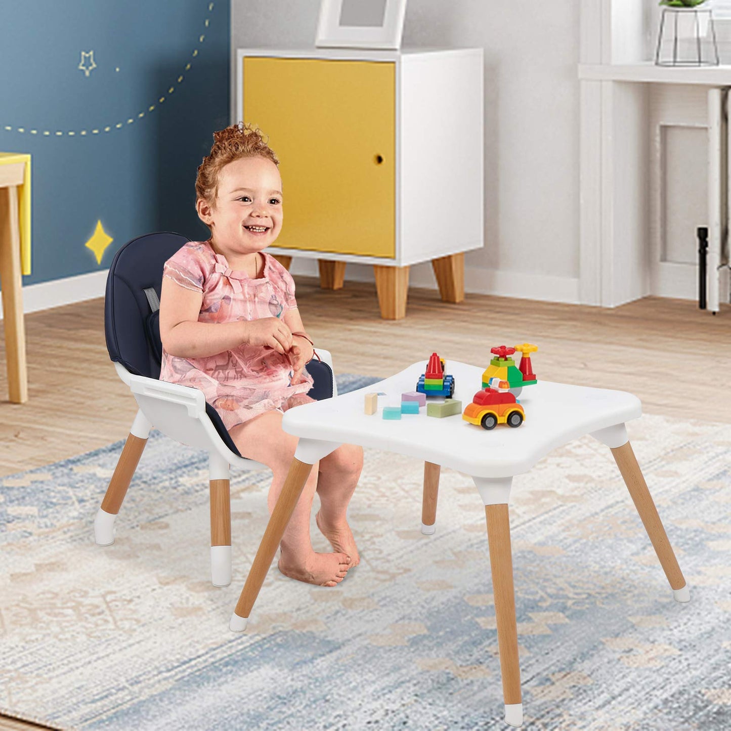 JOYMOR 5-in-1 Convertible Baby High Chair for Babies and Toddlers, Table and Chair Set, Wooden Infant Eating Highchair with Leather Seat Cushion, 4-Position Removeable & Adjustable Tray (Biege)