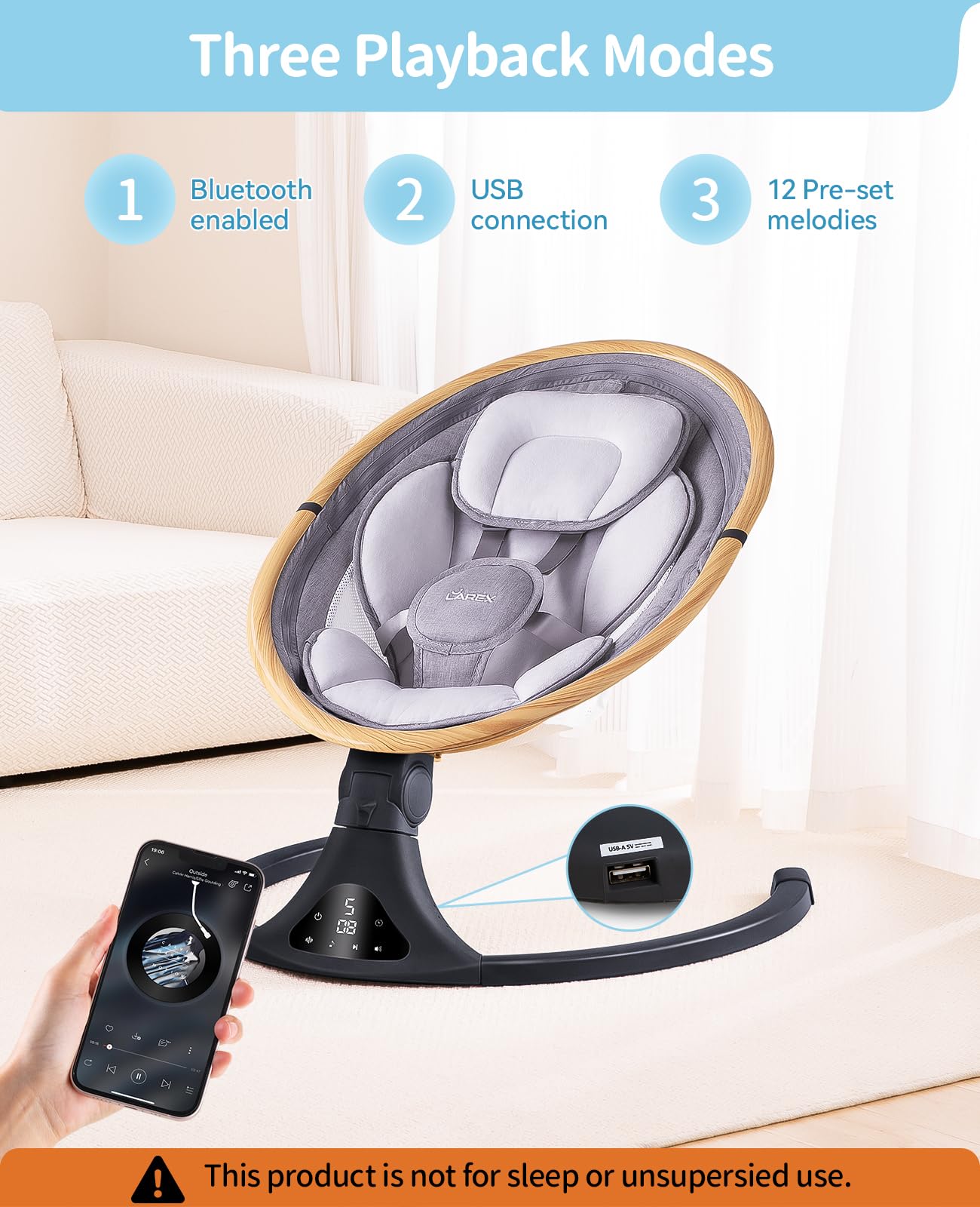 LAREX Baby Swing to Toddler Electric Infant Swing Portable for Newborn Boy Girl, 5 Sway Speeds with Remote Control, 12 Preset Melodies and Bluetooth, 0-6 Months Max 20 Lbs(Dark Wood Grain)