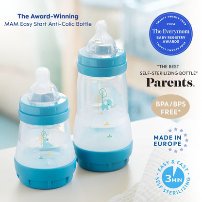 MAM 9oz Easy Start Anti-Colic Baby Bottles, Medium Flow, Breastfeeding-Like Silicone Nipple Bottle, Reduces Colic, Gas, & Reflux, Easy-to-Clean, BPA-Free, Colors May Vary