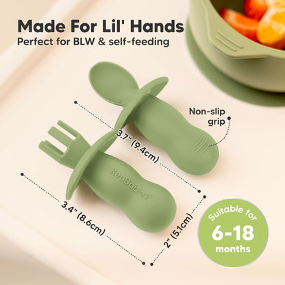 KeaBabies 4-Pack Silicone Baby Spoons and Forks Set - Baby Led Weaning Utensils 6-12 Months, Self Feeding Toddler Spoon & Fork for Training, Teething, Easy to Hold, BPA-Free Silicone (Roseate)