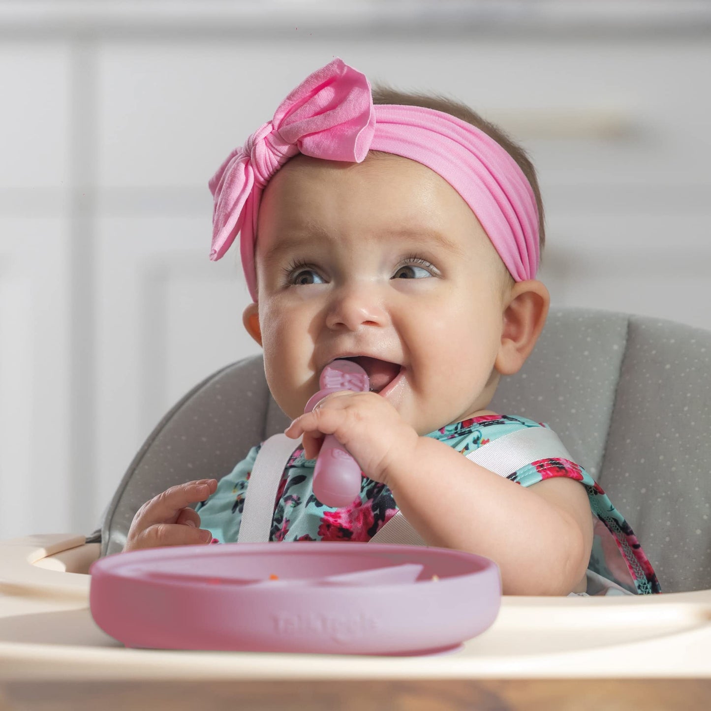 TalkTools ITSY Baby Utensil Set – Silicone Training Cup, Plate and Twin Spoon Pack for Toddlers| Infant First Food Self Feeding Silicone Training Set (Bubblegum)