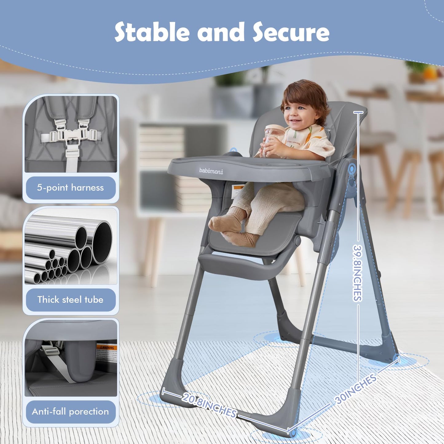 4 in 1 High Chairs for Babies and Toddlers, Convertible Foldable Baby High Chairs, Feeding and Eating Seat Highchair with 4 Levels of Recline and 7 Levels of Height Adjustment, Gray