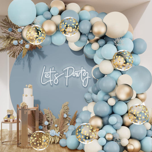 Dusty Blue Balloon Arch Kit, Dusty Baby Blue Balloons Arch Kit With Metallic Gold Sand White Gold Confetti Balloons for Wedding Bridal Shower Boy Birthday Party Baby Shower Decorations