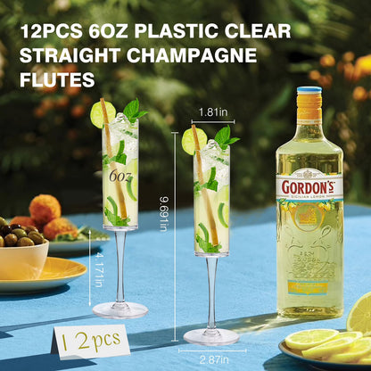 DI QIU REN 12 Pcs Acrylic Champagne Flutes, 6 OZ Clear Plastic Champagne Glasses, Unbreakable Reusable Shatterproof Stemmed Champagne Flutes Glass, Wedding Toasting Flutes for Party Wedding Holiday