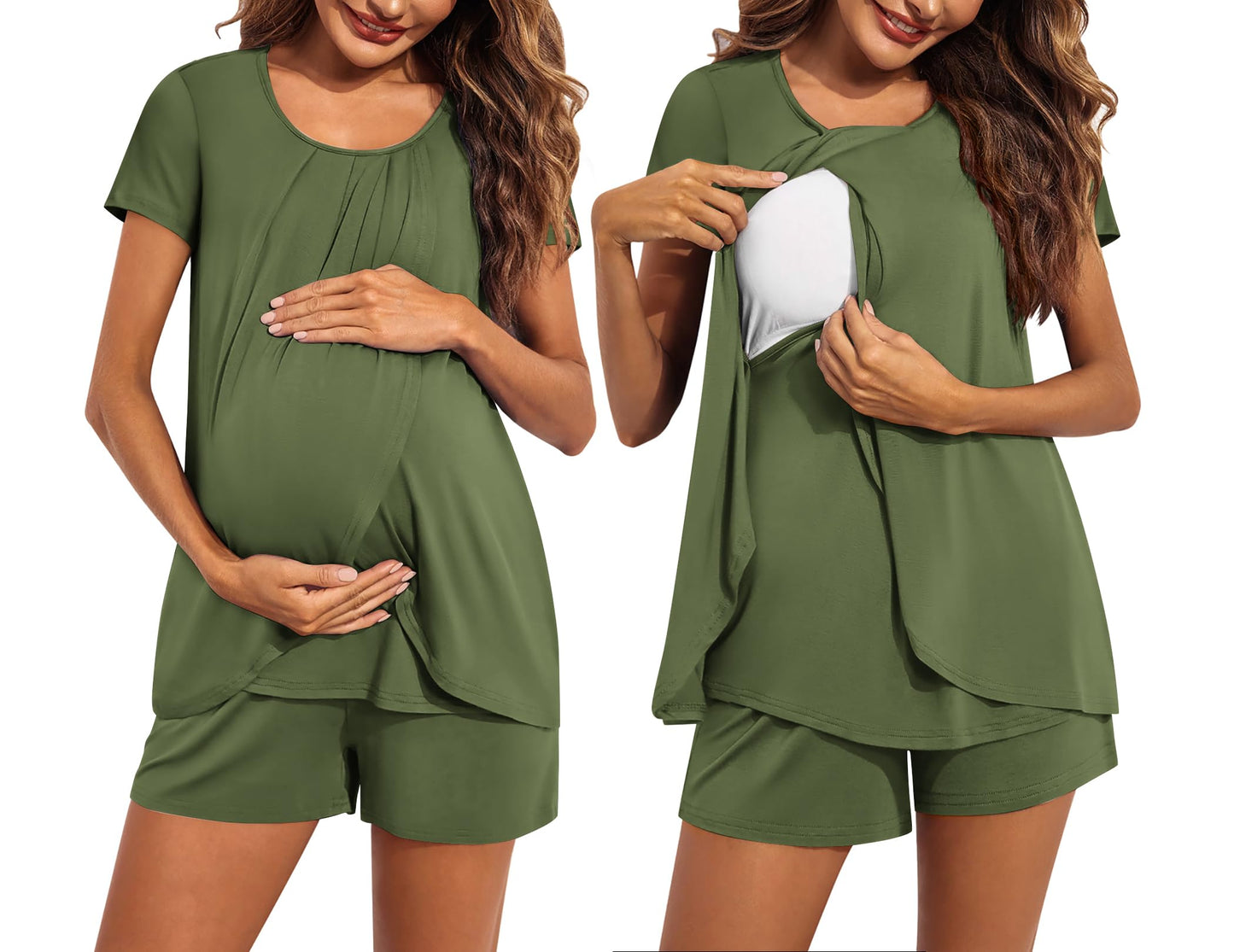 Ekouaer Women's Maternity Nursing Pajamas Set Breastfeeding Sleepwear Double Layer Short Sleeve Top & Shorts Nursing Pjs