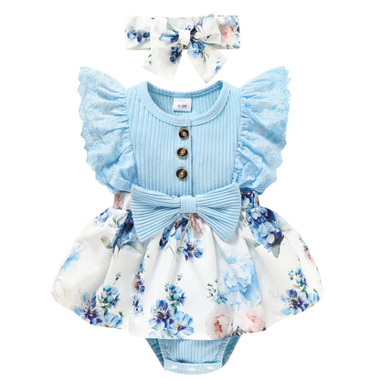 Sinhoon Baby Girl Clothes Newborn Ruffled Sleeveless Romper Floral Dreesy Bodysuit Heaedband 3pcs Baby Girl Summer Clothes