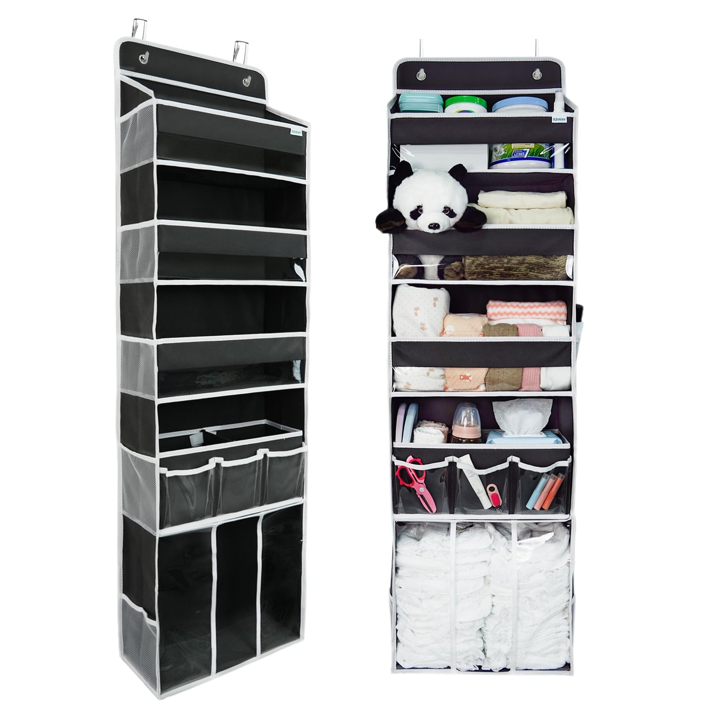 Door Hanging Storage Organizer,with 3 Bins 1 Movable Baby Diaper Caddy,1 Large capacity diaper stacking storage Organizer,10 Side Pockets ,Bedroom Door Storage for Nursery Baby Essentials. (Beige)