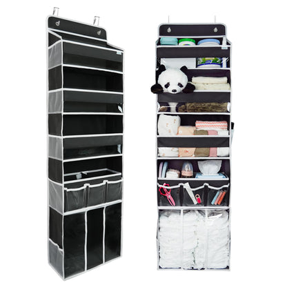 Door Hanging Storage Organizer,with 3 Bins 1 Movable Baby Diaper Caddy,1 Large capacity diaper stacking storage Organizer,10 Side Pockets ,Bedroom Door Storage for Nursery Baby Essentials. (Beige)