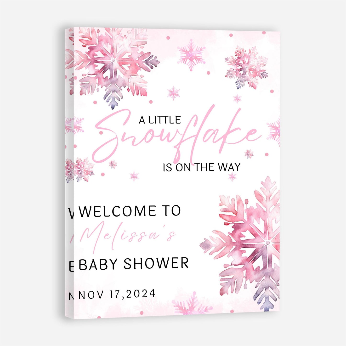Personalized A Little Snowflake Is On The Way Welcome Sign, Pink, Girl, Winter Baby Shower Canvas