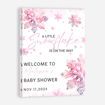 Personalized A Little Snowflake Is On The Way Welcome Sign, Pink, Girl, Winter Baby Shower Canvas