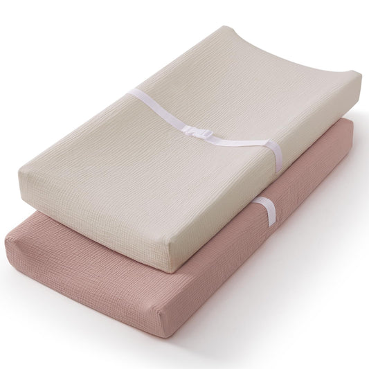 Blissful Diary Muslin Changing Pad Cover for Girls Boys, Ultra Soft Breathable Cotton, Baby Diaper Change Table Pad Covers, 2Pack (Roman Green&Leaf)