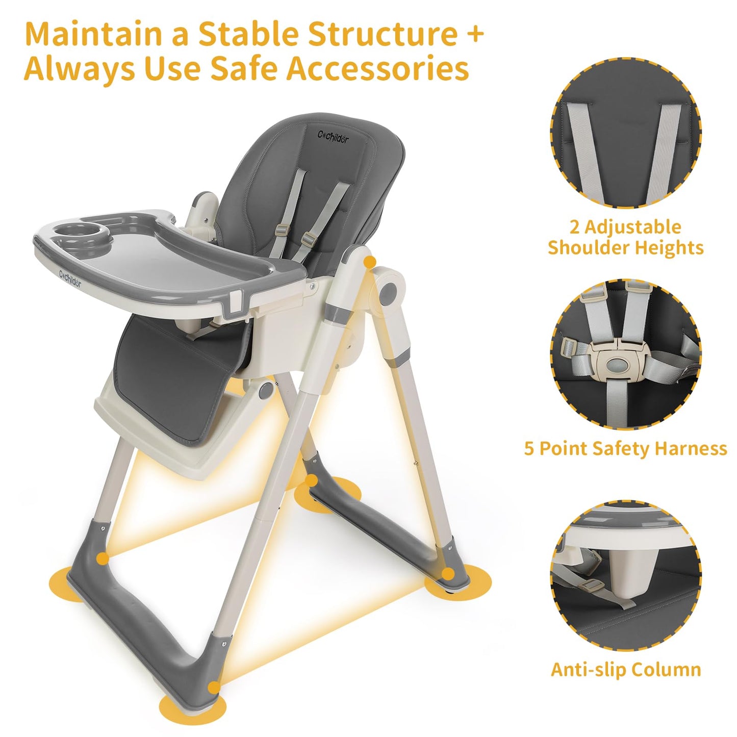 3-in-1 Foldable High Chair for Babies & Toddlers – Adjustable Height, Reclining Seat, 5-Point Safety Harness, Removable Tray, Lockable Wheels and Washable Cushion, Beige