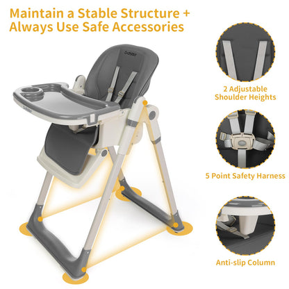 3-in-1 Foldable High Chair for Babies & Toddlers – Adjustable Height, Reclining Seat, 5-Point Safety Harness, Removable Tray, Lockable Wheels and Washable Cushion, Beige