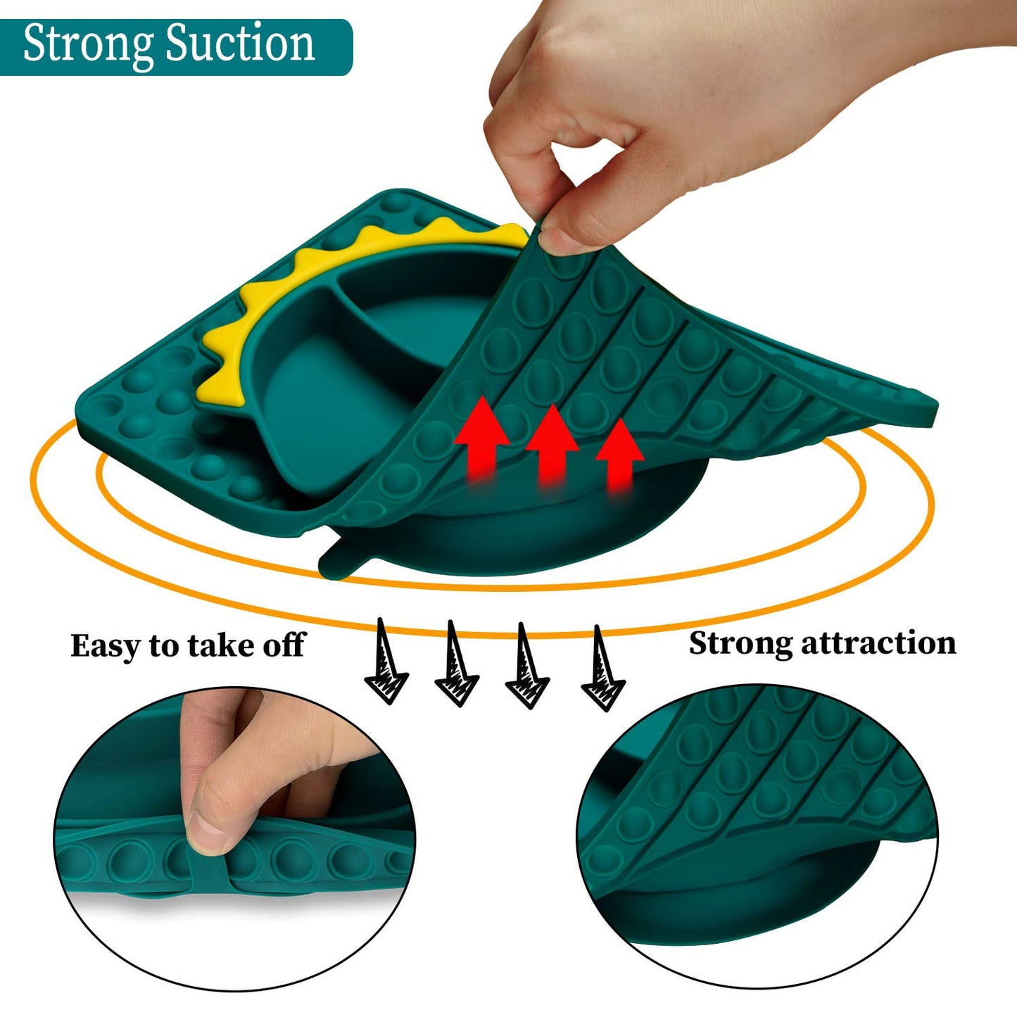 Silicone Suction Plates for Baby Toddler with Spoon Fork set Divided Dinosaurs Plates Self Feeding Training Baby Dinner Plate-Green Dinosaurs Plate Set