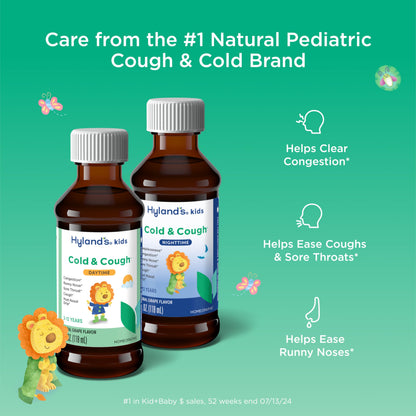 Hyland's Kids Cold and Cough, Day and Night Combo Pack, Cold Medicine for Ages 2 and up, Syrup Cough Medicine for Kids, Nasal Decongestant, 4 Fl Oz (Pack of 2)