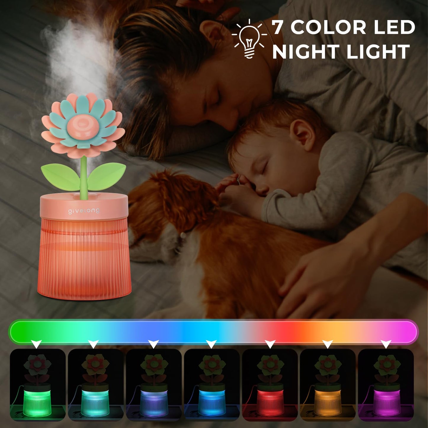 Cute Flower Mini Humidifier, 260ml Gardenia Desktop Humidifiers for Bedroom, Portable Small Cool Mist Humidification for Home, Baby Nursery, Office & Indoor Plants, USB Powered (Pink)