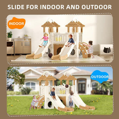 KORIMEFA 10-in-1 Toddler Slide, Kid Double Slide for Toddlers Age 1-3, Basketball Hoop, and Telescope, Indoor Outdoor Slide Toddler Playset Toddler Playground, Forest Themed Brown
