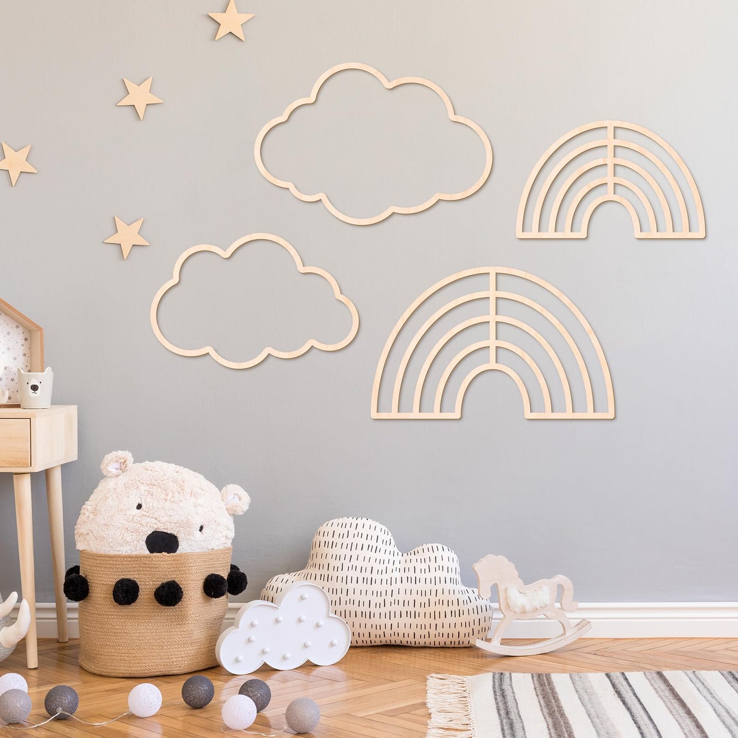 Kathfly4 Pieces Boho Nursery Cloud Star Wall Decor Wooden Babyroom Moon Rattan Wall Decor Wooden Rainbow for Children Baby Kids Boys Girls Bedroom Nursery Pendant(Cloud Moon Star)