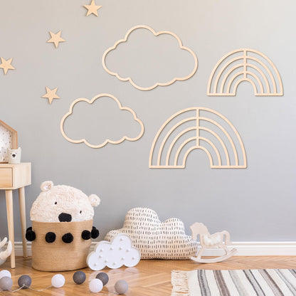 Kathfly4 Pieces Boho Nursery Cloud Star Wall Decor Wooden Babyroom Moon Rattan Wall Decor Wooden Rainbow for Children Baby Kids Boys Girls Bedroom Nursery Pendant(Cloud Moon Star)