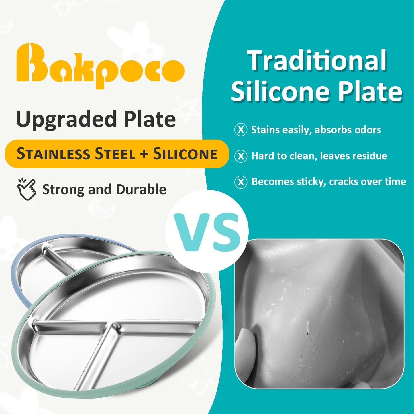 Stainless Steel Baby Plate with Suction, 9” Divided Toddler Plates with Removable Silicone Sleeves for Kids, Non-Toxic Non-Slip Unbreakable Dishwasher Safe Dinnerware Set of 2, Pink & Beige