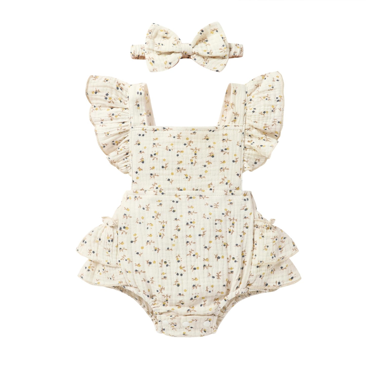 Happy Town Baby Girl Clothes Toddler Summer Linen Romper Sleeveless Ruffle Outfits Infant Girls Jumpsuit with Headband