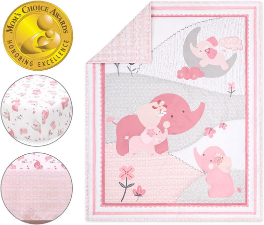 The Peanutshell 3 Piece Baby Crib Bedding Set for Girls - Newborn, Infant & Toddler Nursery Bed Set Decor with Fitted Crib Sheet, Dust Ruffle Comforter - Pink Elephant