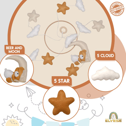 Crib Mobile for Girls, Sleeping Princess Bear Baby Mobile for Crib, Handmade Felt Crib Mobile, Baby Crib Mobile with Cloud and Stars, Nursery Baby Mobile for Bassinet (Cinnamon)