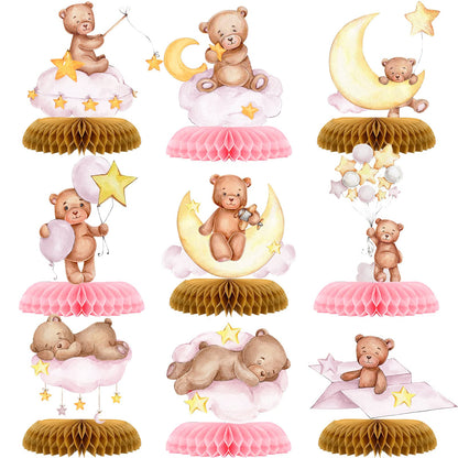 Tarklanda 9 Pcs Bear Baby Shower Honeycomb Centerpieces for Boys Party Decorate,Little Bear Balloons Cutouts Table Topper Honeycomb 3D Table Decoration for Kids Baby Shower Birthday Party Supplies