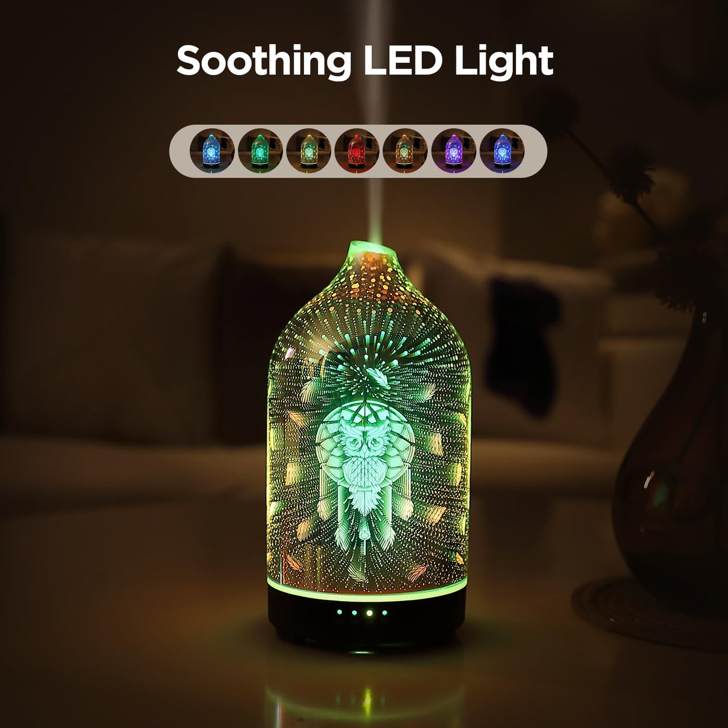 Essential Oil Diffuser Hand Blown Glass Aromatherapy Diffuser - Ultrasonic Cool Mist Scent Aroma Diffuser, Whisper Quiet with Auto Shut-Off, Timer Setting &7 Colors Night Light for Home