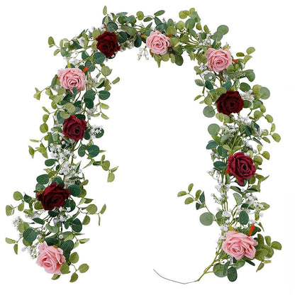 Anna's Whimsy 5.91FT Artificial Eucalyptus Garland with Flowers, Fake Flower Rose Gypsophila, Faux Floral Greenery Garland for Wedding Spring Home Party Craft Art Table Runner Decor