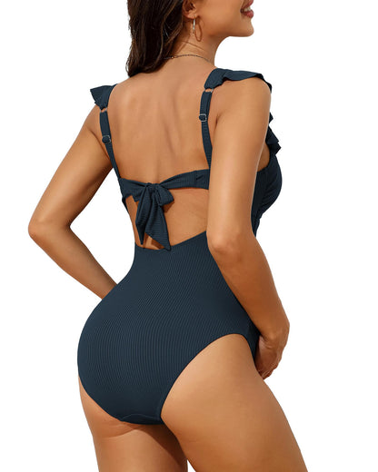 Charmo Ruffle Maternity Bathing Suits for Women Ribbed Tie Knot Maternity Swimsuit Cutout Ruched Pregnancy Swimwear