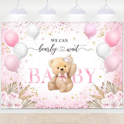 Blue Bear Baby Shower Backdrop 6x3.6 ft We Can Bearly Wait Banner for Boy Bear Baby Shower Decorations Newborn Photo Props Background