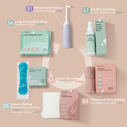 Postpartum Recovery Essentials Kit for Women, Labor & Delivery Postpartum Care, Peri Bottle, Cooling Spray, Disposable Postpartum Underwears, Postpartum Pads, Hot&Cold Packs, Soothing Liners