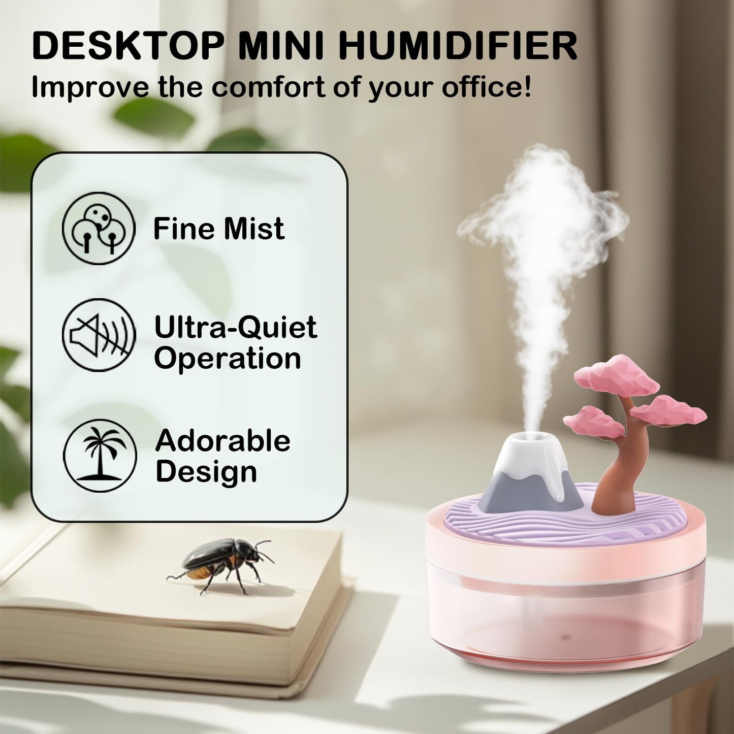 Landscape Night Light Humidifier with 2 Mist Modes, 320mL Large Tank Whisper-Quiet for Baby/Nursery/Office, Portable Mini Air Moisturizer